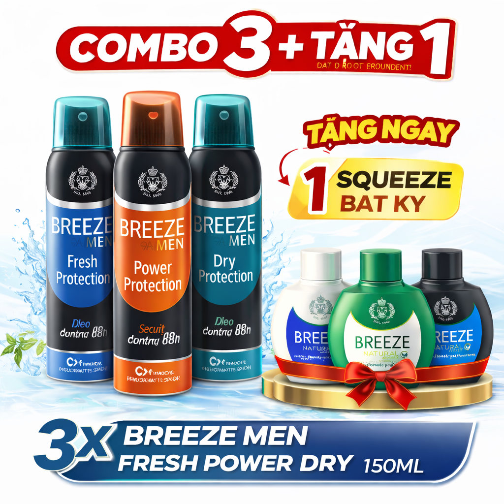 Combo 3 Xịt Khử Mùi Nam Hương Nước Hoa Breeze Men Fresh + Power + Dry 150ml + Tặng 1 Breeze Squeeze