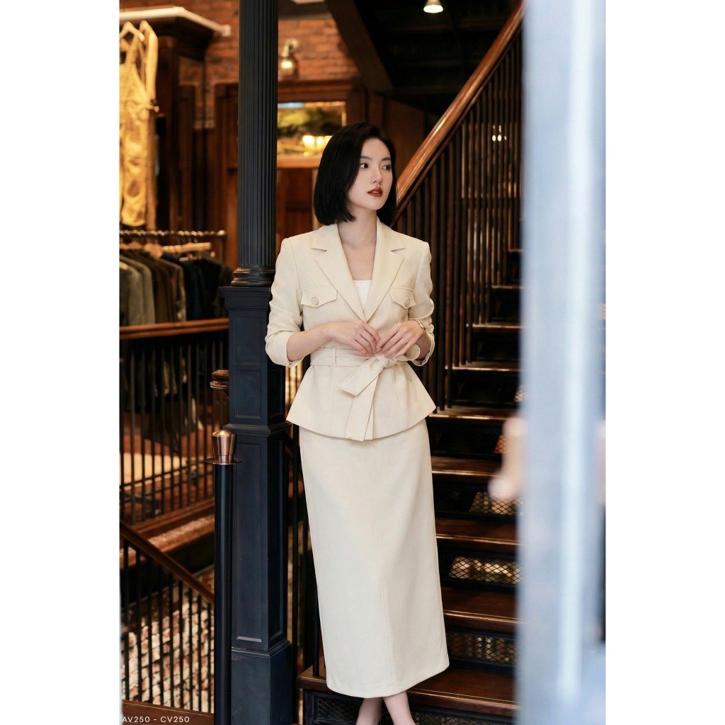 FERRINI Áo vest thắt đai màu kem phối chân váy bút chì dáng dài đứng form phong cách công sở thanh l