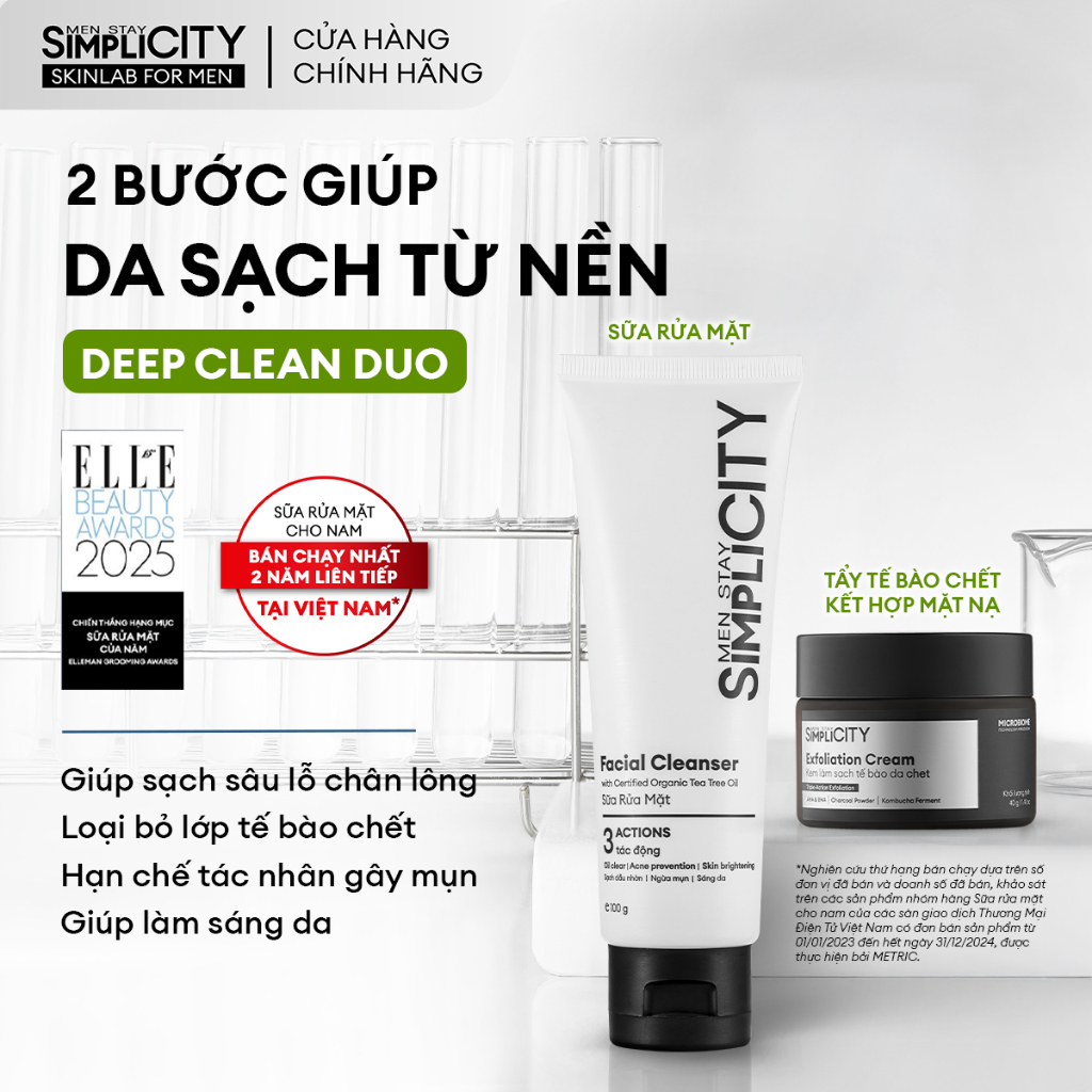 Combo 2 bước giúp làm sạch da từ nền Men Stay Simplicity Deep Clean Duo gồm Sữa rửa mặt, Tẩy tế bào chết kết hợp mặt nạ