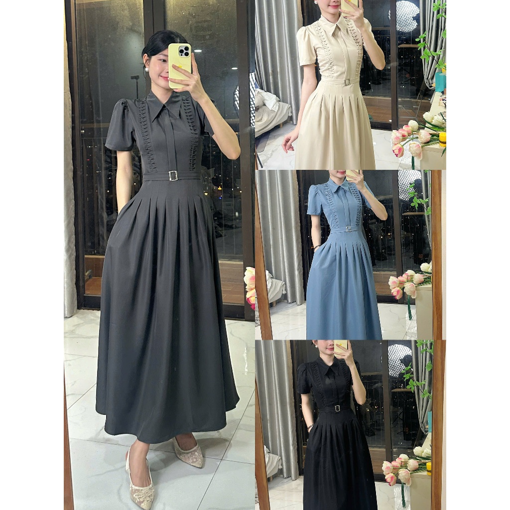 [Đ.30-T] Đầm Sơmi Công Sở Cách Điệu Dáng Dài Xếp Ly Tùng Thắt Lưng Cố Định (Có Túi) | Tũm Clothing