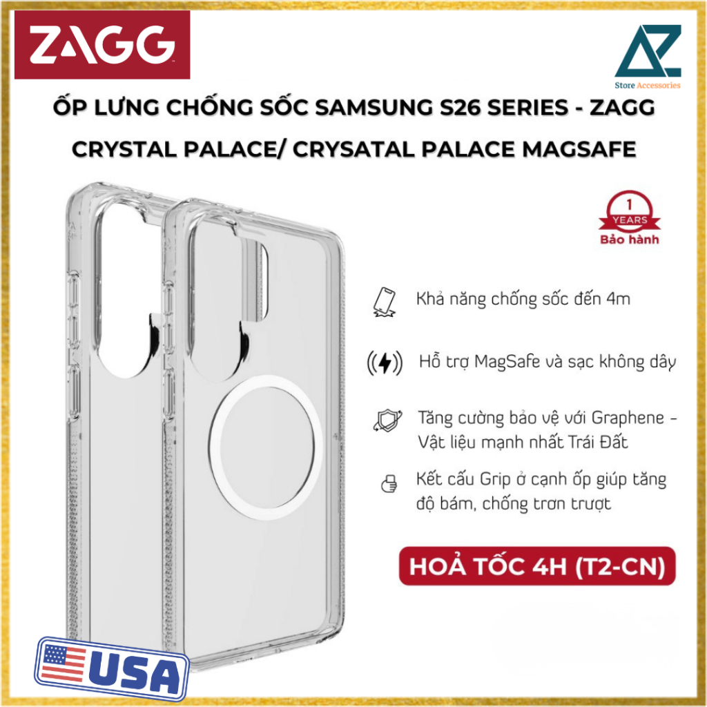 Ốp lưng bảo vệ ZAGG Crystal Palace/ Crystal Palace Snap sạc từ tính cho Samsung S26 Ultra chống ố và