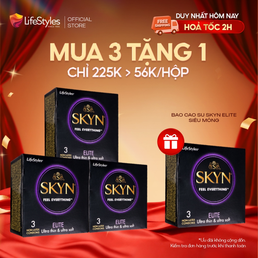 [MUA 3 TẶNG 1] Bao cao su siêu mỏng LifeStyles SKYN ELITE non-latex không mùi cao su Hộp 3 bcs