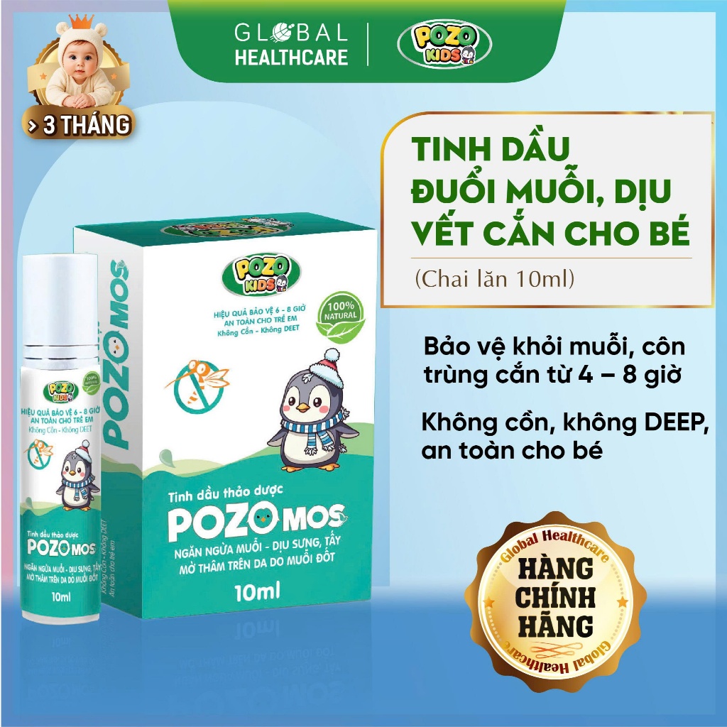 Pozo Kids - Lăn đuổi muỗi, côn trùng PozoMos dịu vết ngứa, làm mờ vết thâm trên da cho bé (C/10ml)