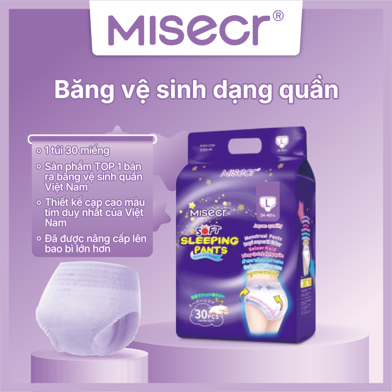 Băng vệ sinh dạng quần Misecr, siêu mỏng, thoải mái, thấm hút tốt, 30 miếng/gói