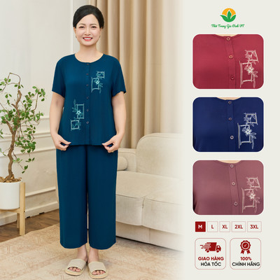 Đồ bộ trung niên lanh tole Việt Thắng quần lửng dài áo mở khuy thêu họa tiết B26.6071