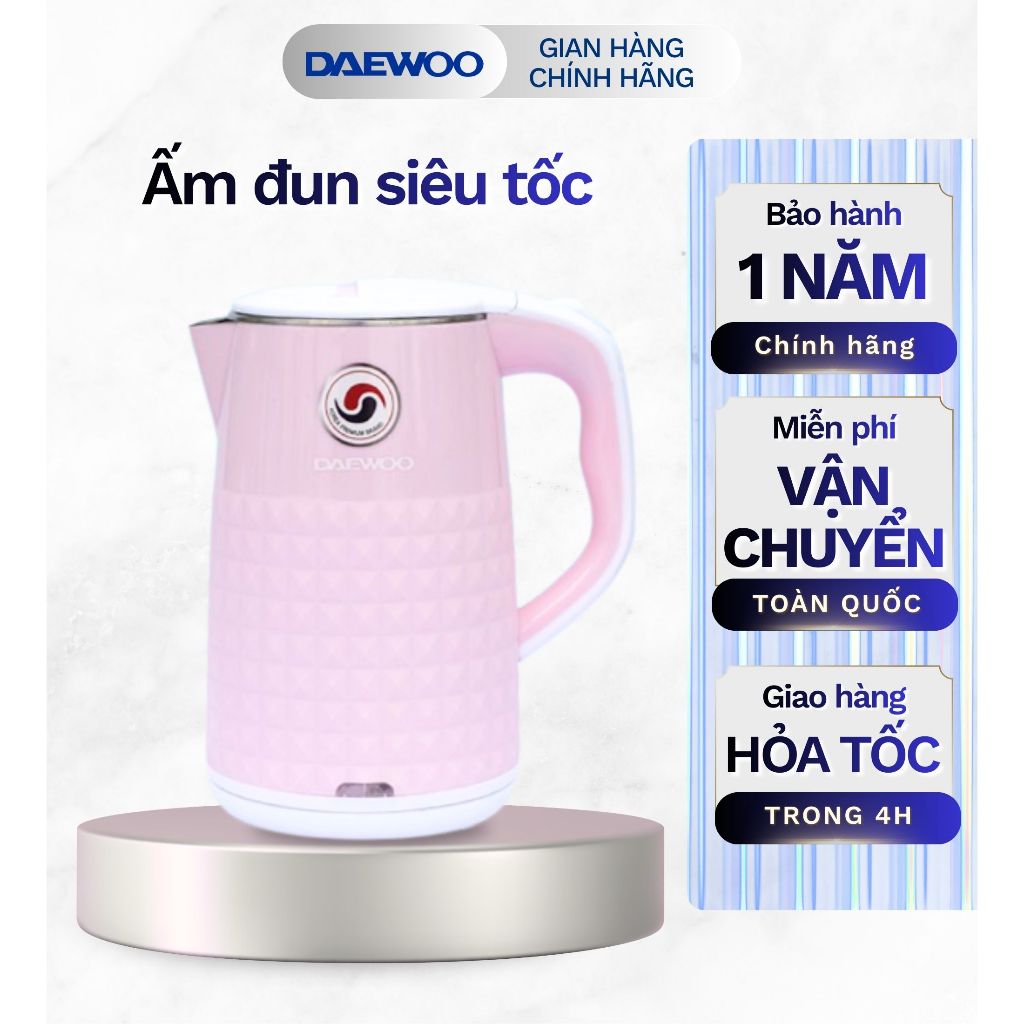 Ấm siêu tốc Daewoo Pastel Hồng DEK-MF180 dung tích 1.7L, inox 304 BH 1 năm