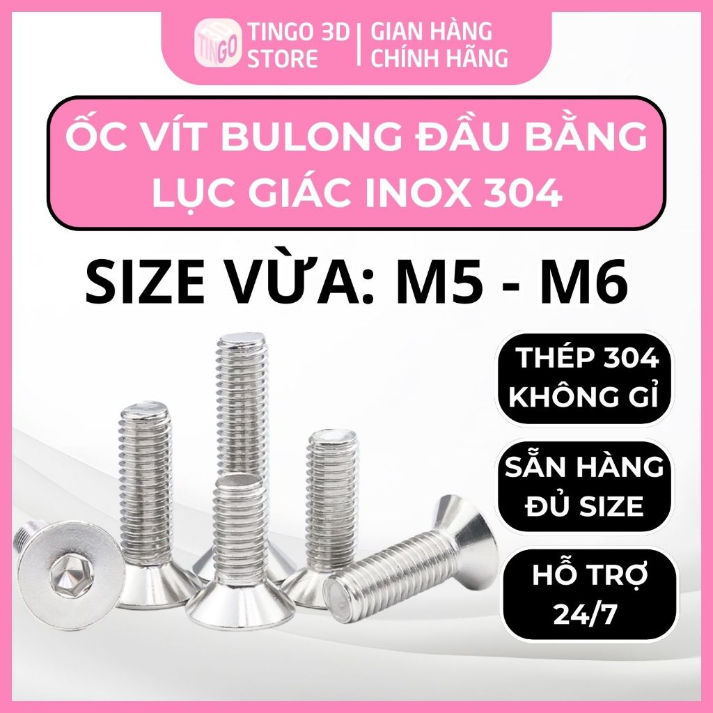 Set 5-10 Bulong lục giác Đầu Bằng Inox 304 Size Vừa M5, M6, Ôc vít Đầu Bằng không gỉ (dài 6 - 80mm)