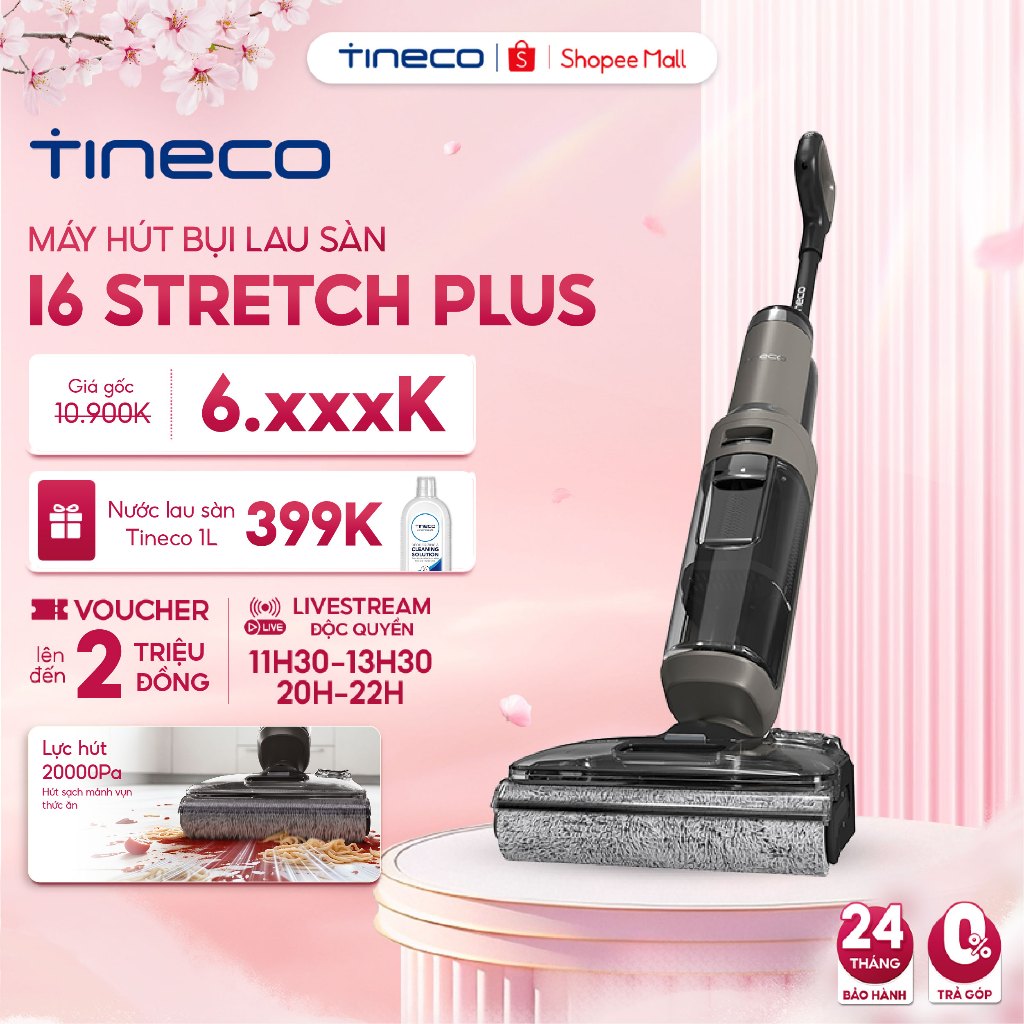 Máy hút bụi lau sàn khô ướt Tineco Floor One i6 Stretch Plus-Lực hút 20000Pa-Nằm phẳng 180°-Giặt sấy nóng - BH 24 Tháng
