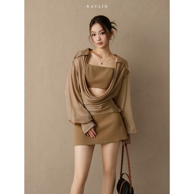Set KAYLIN Chiffon áo cổ đổ phối croptop kèm váy ngắn chất vải tơ & carolan phong cách hiện đại BST Tháng 3 - SET148T3