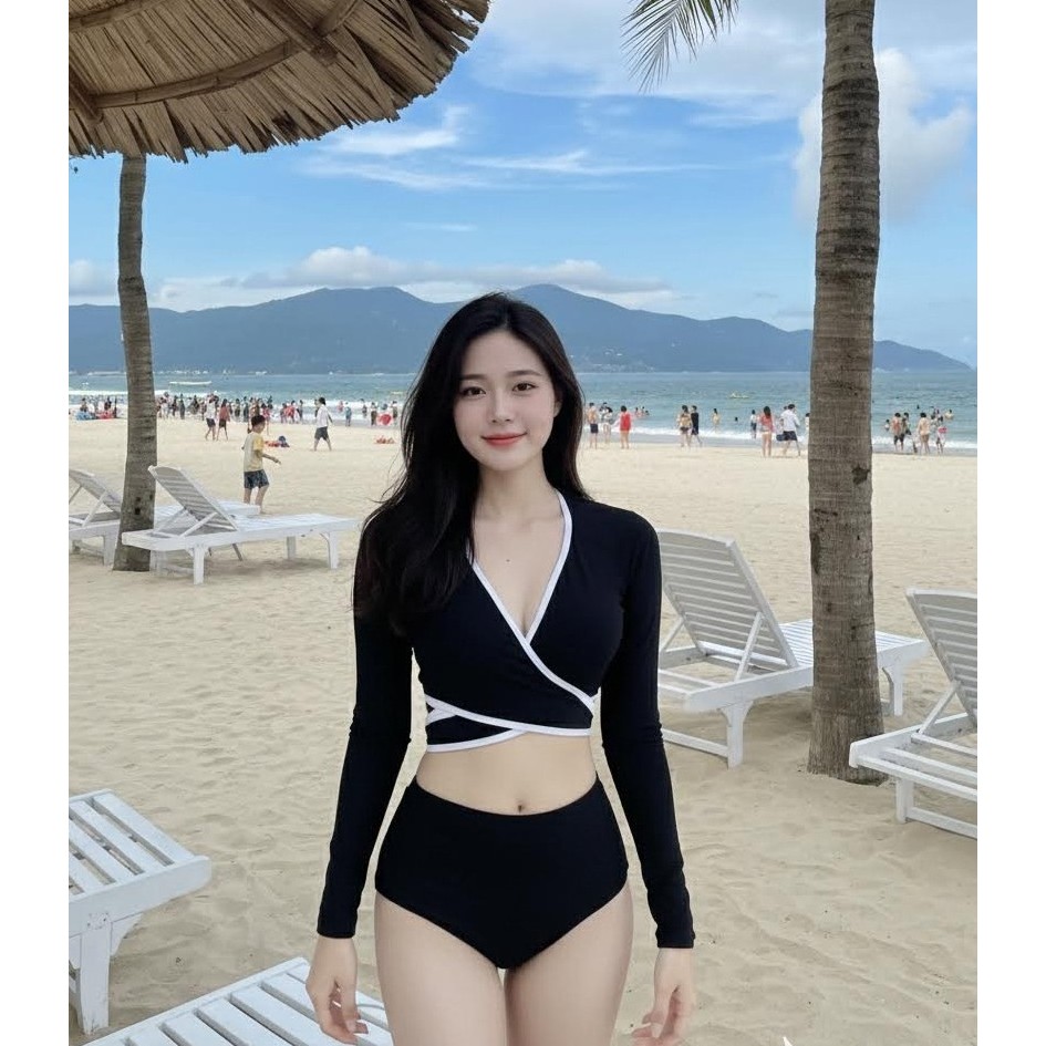 Bikini Bộ đồ bơi nữ tay dài đắp chéo quần cạp cao kèm chân váy (Kèm Ảnh Thật) 2 Mảnh Đi Biển Kín Đáo | BigBuy360 - bigbuy360.vn
