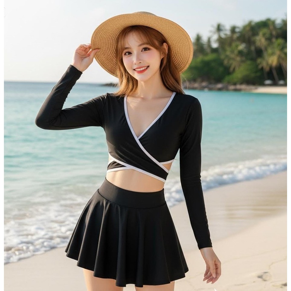 Bikini Bộ đồ bơi nữ tay dài đắp chéo quần cạp cao kèm chân váy (Kèm Ảnh Thật) 2 Mảnh Đi Biển Kín Đáo | BigBuy360 - bigbuy360.vn