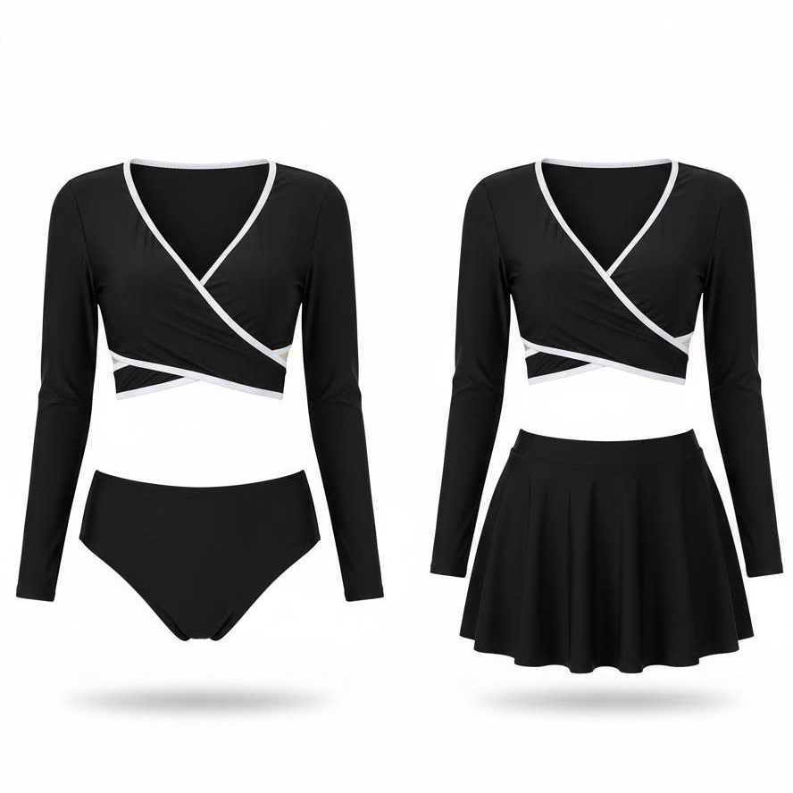 Bikini Bộ đồ bơi nữ tay dài đắp chéo quần cạp cao kèm chân váy (Kèm Ảnh Thật) 2 Mảnh Đi Biển Kín Đáo | BigBuy360 - bigbuy360.vn