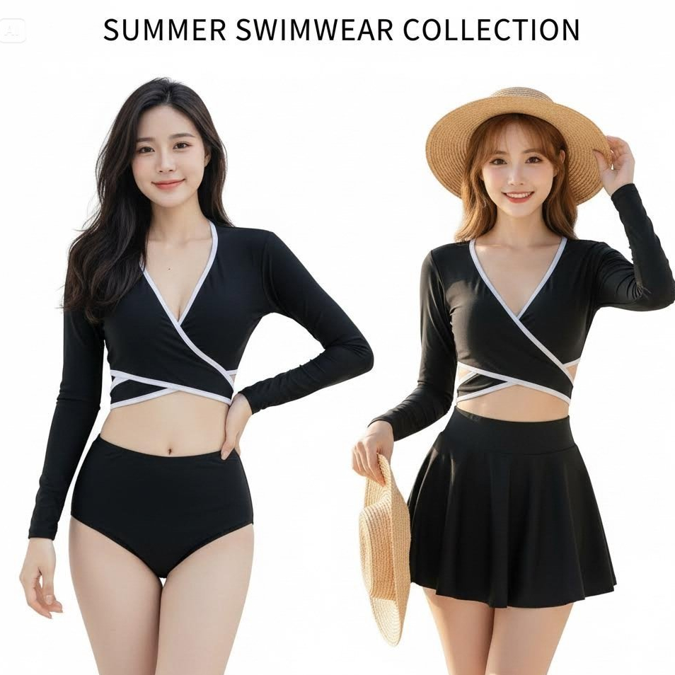 Bikini Bộ đồ bơi nữ tay dài đắp chéo quần cạp cao kèm chân váy (Kèm Ảnh Thật) 2 Mảnh Đi Biển Kín Đáo | BigBuy360 - bigbuy360.vn