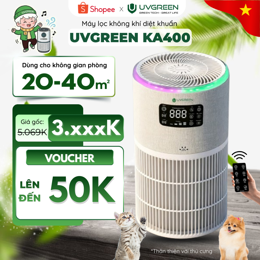 [Tặng quà] Máy Lọc Không Khí UVGREEN KA400 Đèn UVC & Ion Âm Diệt Khuẩn, Xông tinh dầu, Hẹn giờ, Điều