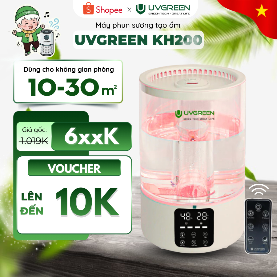 Máy Phun Sương Tạo Ẩm Không Khí UVGREEN KH200 | Dung tích 5L, Diệt Khuẩn nước, Xông Tinh Dầu