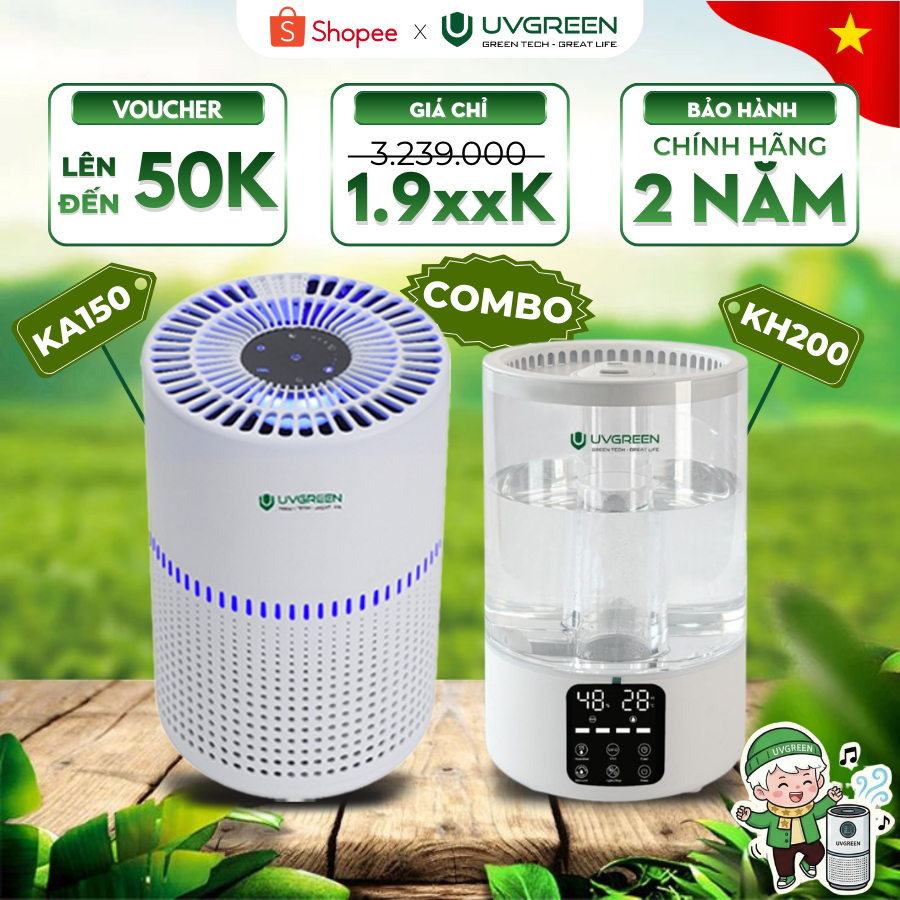 Combo Máy lọc không khí UVGREEN KA150 & Máy phun sương KH200 | Diệt khuẩn, Lọc bụi mịn, Cấp ẩm da