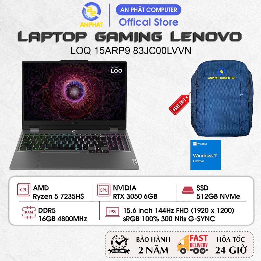 Laptop Lenovo LOQ 15ARP9 83JC00LVVN, Ryzen 5 7235HS, RTX 3050 6GB, 16GB RAM, 512GB SSD, 15.6 FHD 144