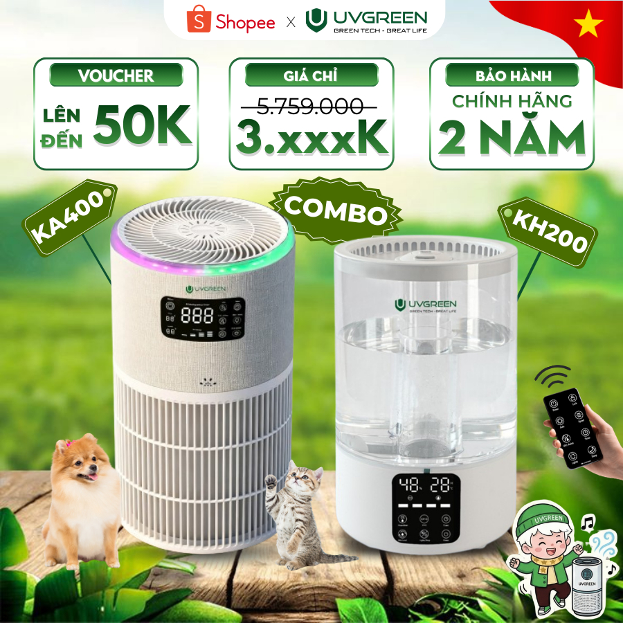 [KOC] Combo Máy Lọc Không Khí Diệt Khuẩn UVGREEN KA400 & Máy phun sương KH200 | Lọc Bụi Mịn, Cấp ẩm 