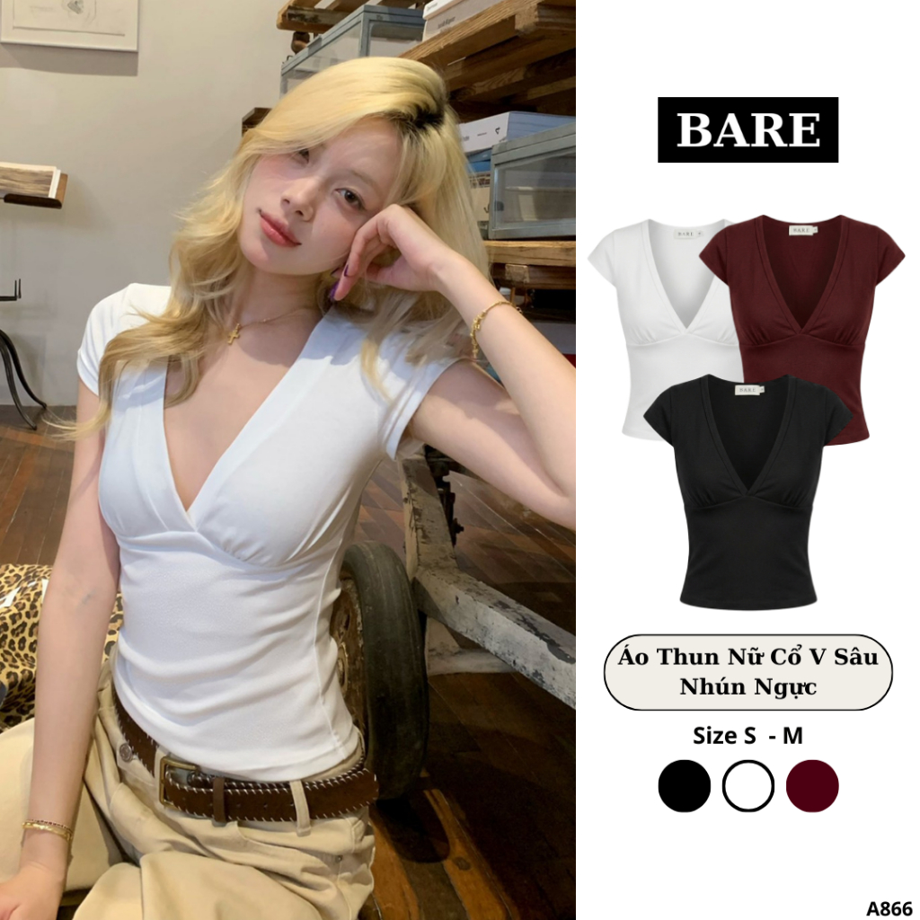 BARE_Áo Thun Nữ Cổ Tim V Nhún Ngực Chiết Eo Slim-Fit, Áo Thun Cổ Tim Ôm Body Tôn Dáng_A866 | BigBuy360 - bigbuy360.vn