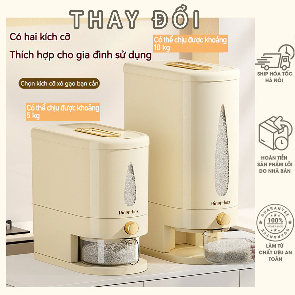 Thùng đựng gạo chống ẩm 5kg/10kg - lấy gạo tự động, kín khí giữ khô, quai cầm di chuyển tiện lợi