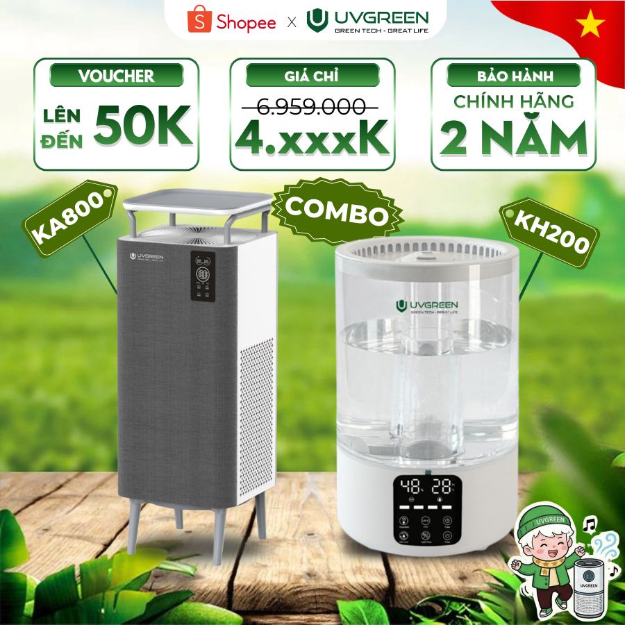 Combo Máy Lọc Không Khí UVGREEN KA800 & Máy phun sương tạo ẩm KH200 | Diệt khuẩn nước, Lọc bụi mịn
