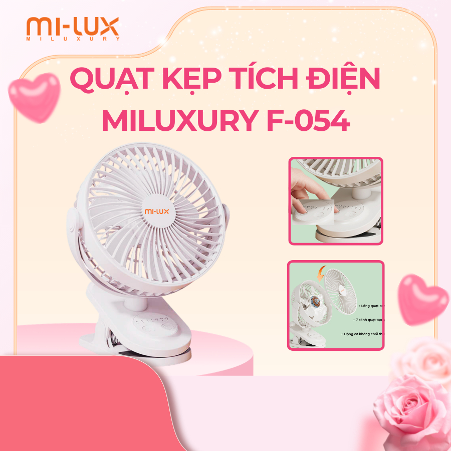 Quạt Kẹp Tích Điện MILUXURY F054, Kẹp Bàn ,Xe Đẩy Pin 4000MAH Sử Dụng 12 Tiếng Chạy Êm Ái