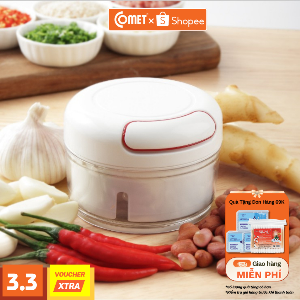 Máy Xay Tỏi Ớt COMET Cầm Tay Mini - Dụng Cụ Xay Kéo Tay 2 Lưỡi Dao Xay Cực Bén Có Dây Rút Tiện Lợi Vệ Sinh Dễ Dàng