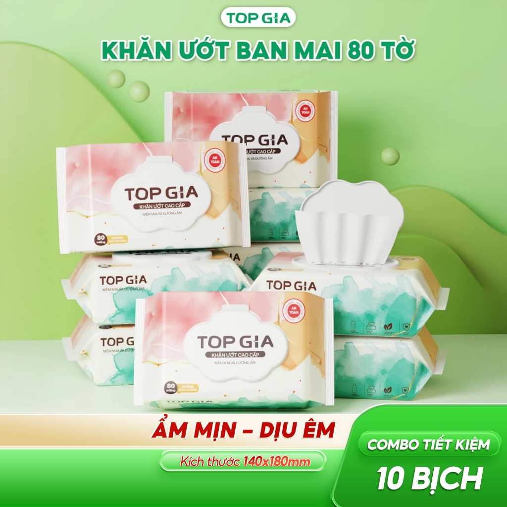Khăn ướt Topgia cao cấp mềm mại không cồn không parabens, an toàn cho bé