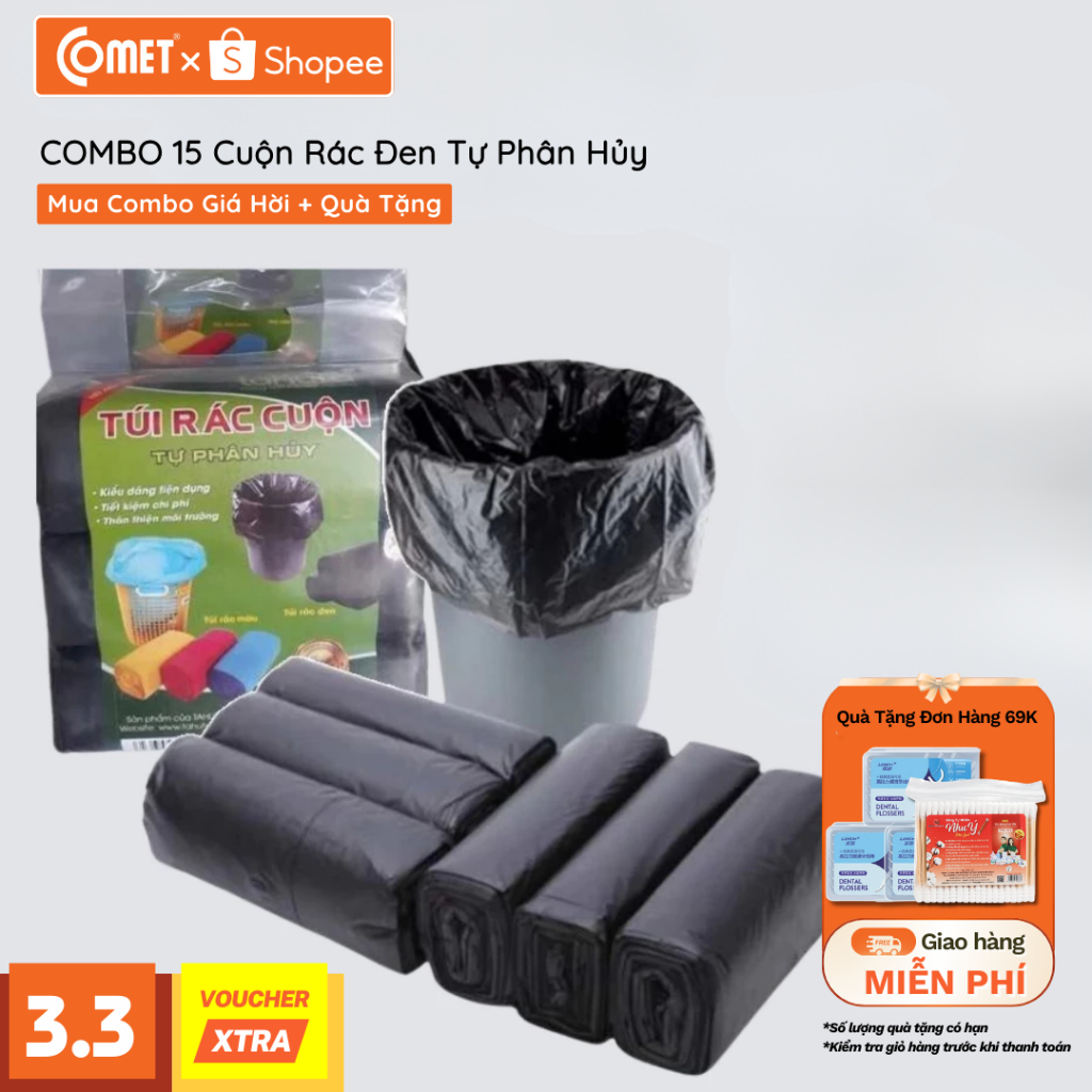 COMBO Cuộn Túi Đựng Rác Đen COMET Tự Phân Hủy - Bịch Đựng Rác Kích Thước 55*65CM
