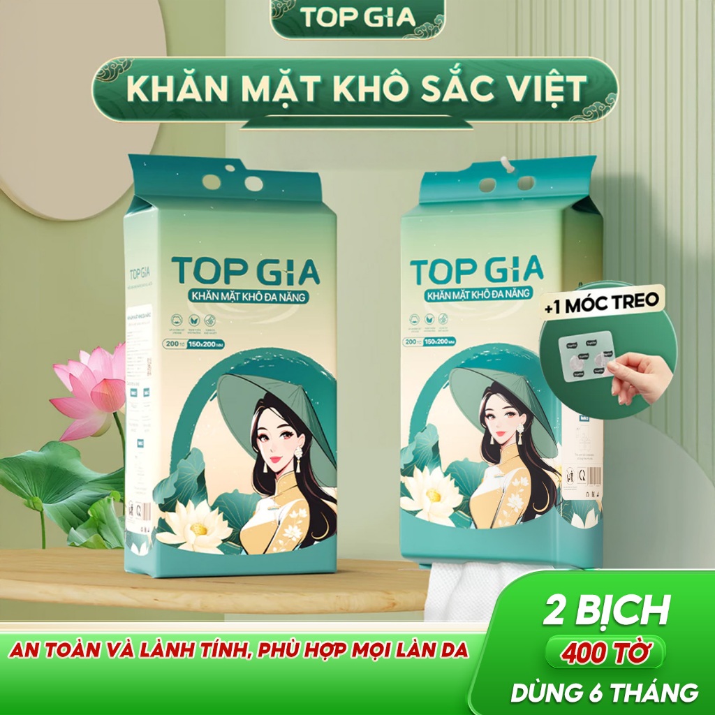 Khăn vải khô đa năng Top Gia, bịch 200 tờ Sắc Việt rút treo tường an toàn cho da tặng móc treo