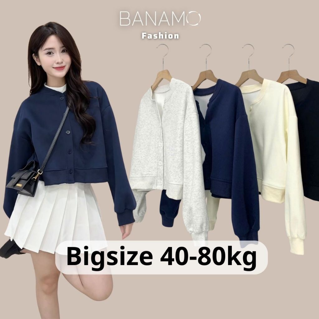 Áo khoác nữ BIGISZE Banamo Fashion áo nỉ croptop cúc cài bo viền 3941