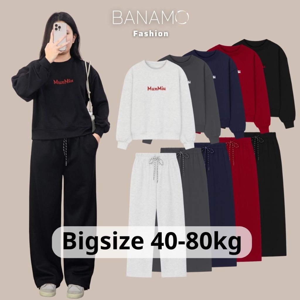 Set đồ nỉ nữ BIGSIZE Banamo Fashion áo sweatshirt phối quần suông ống rộng cạp chun dây rút mặc ở nhà đi chơi 145 | BigBuy360 - bigbuy360.vn
