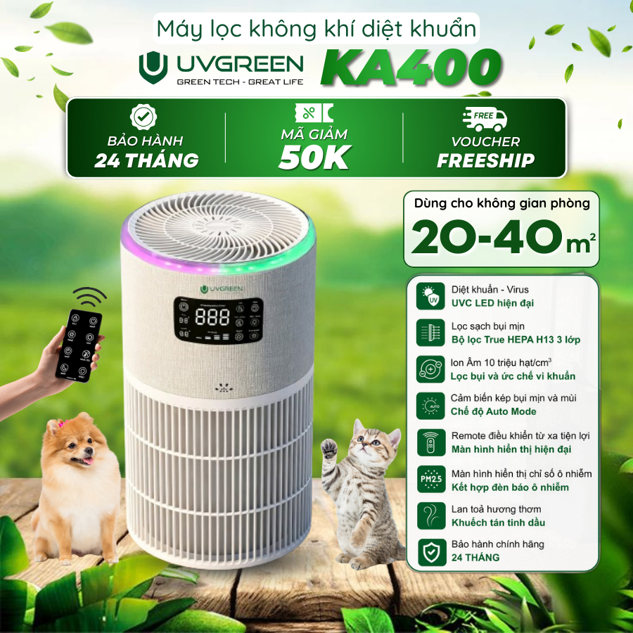 [Tặng quà] Máy Lọc Không Khí UVGREEN KA400 Đèn led UVC & Ion Âm Diệt Khuẩn, Xông tinh dầu, Điều khiể