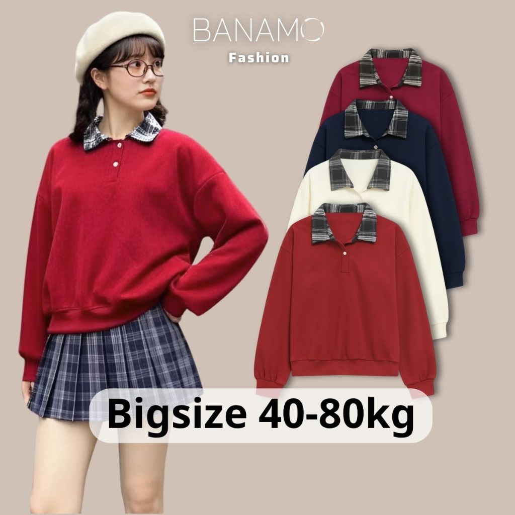 Áo Sweater nữ BIGSIZE Banamo áo nỉ trơn phối cổ bẻ sơ mi caro cài nút basic Hàn Quốc dễ thương 3900 | BigBuy360 - bigbuy360.vn