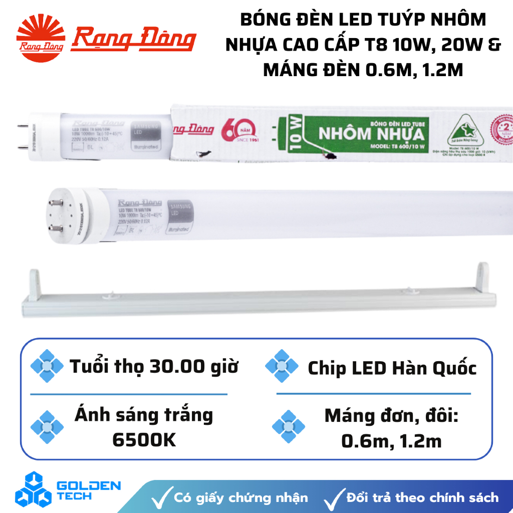 [Rạng Đông] Bóng đèn LED Tube nhôm nhựa T8 0.6m 600/10W, 1.2m 1200/20W, Máng đèn FS đơn, đôi