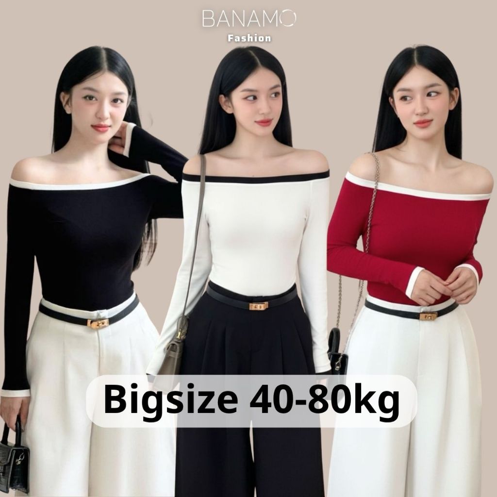 Áo nữ BIGSIZE Banamo Fashion áo thun trễ vai dài tay phối viền phong cách quyến rũ 310