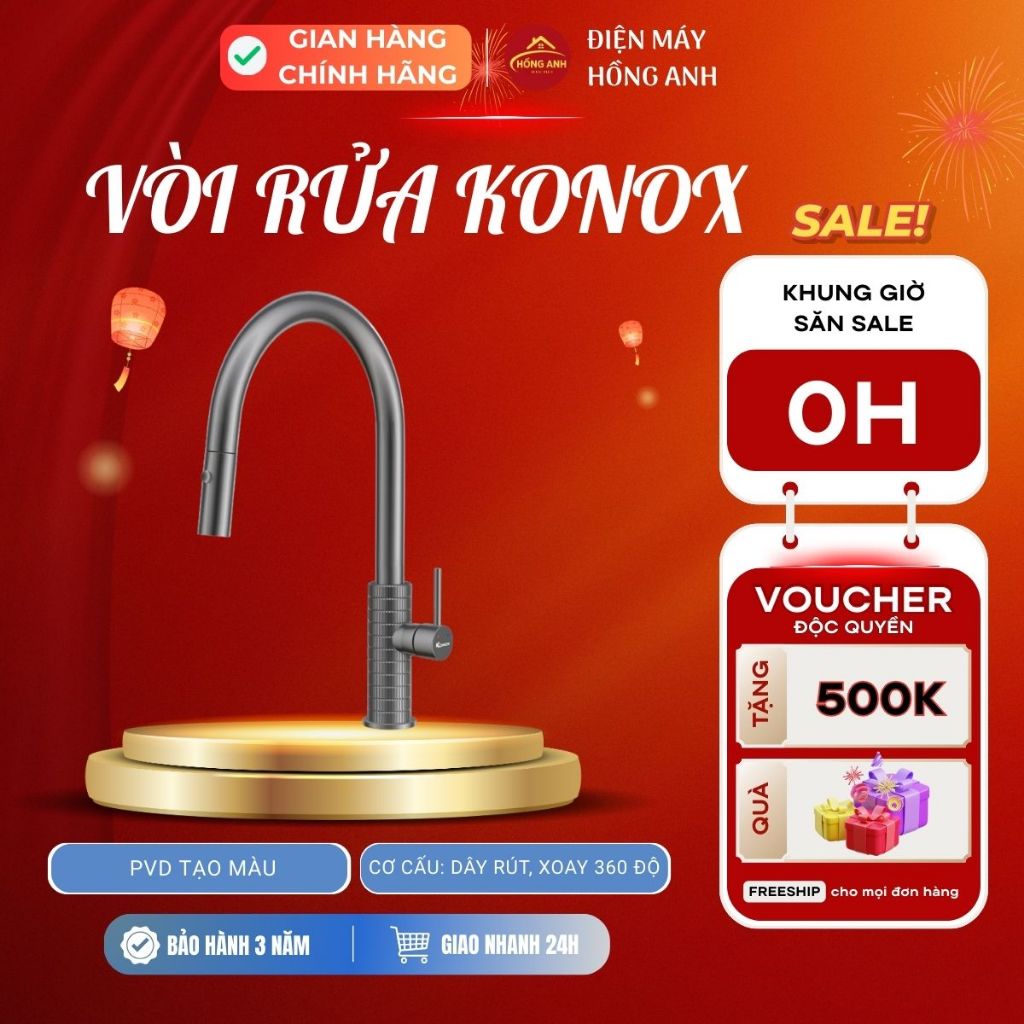 Vòi rửa bát Konox Venice Gun Metal, dây rút xoay 360 độ, nóng lạnh, mạ PVD xám, hợp kim đồng CW617N