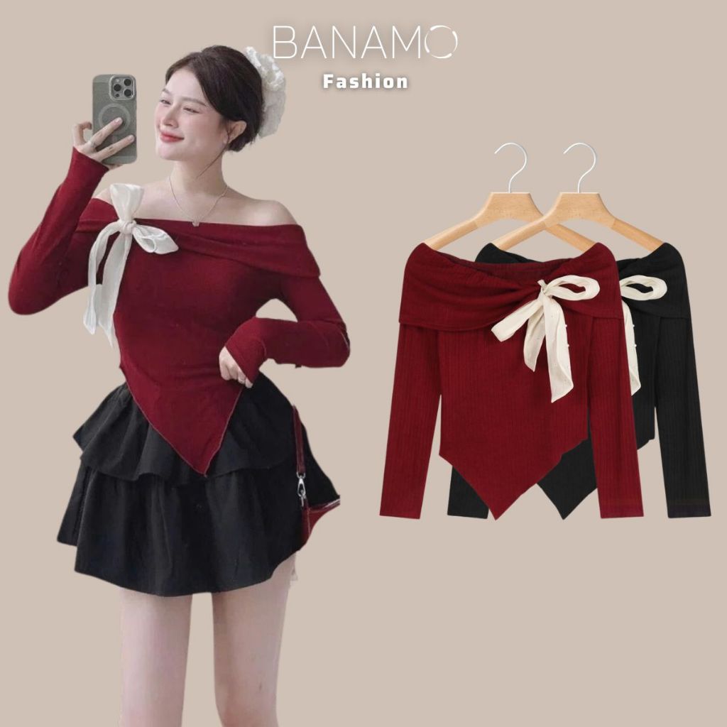Áo Thun Nữ BIGSIZE Banamo Fashion áo thun dài tay trễ vai phối nơ co giãn thoải mái 3101