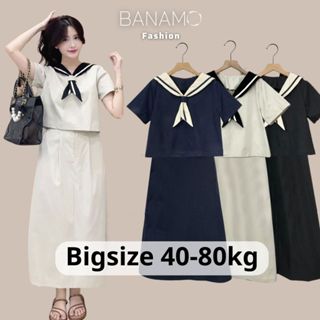 Set nữ BIGSIZE Banamo Fashion áo nữ cổ thủy thủ cộc tay kèm khăn mix chân váy dáng dài siêu xinh 187