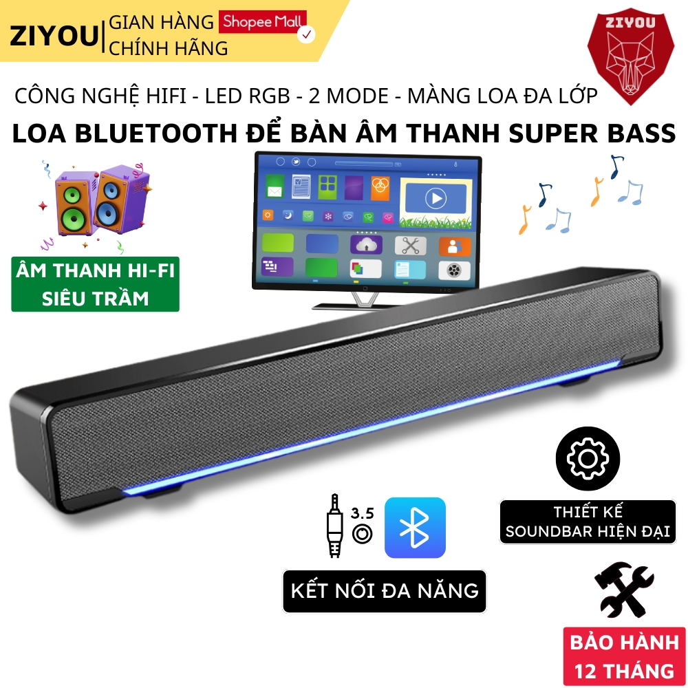 Loa Soundbar Để Bàn Bluetooth V196 Âm Thanh Vòm 4D SuperBass, Công Suất 6W, Nghe Nhạc Xem Phim