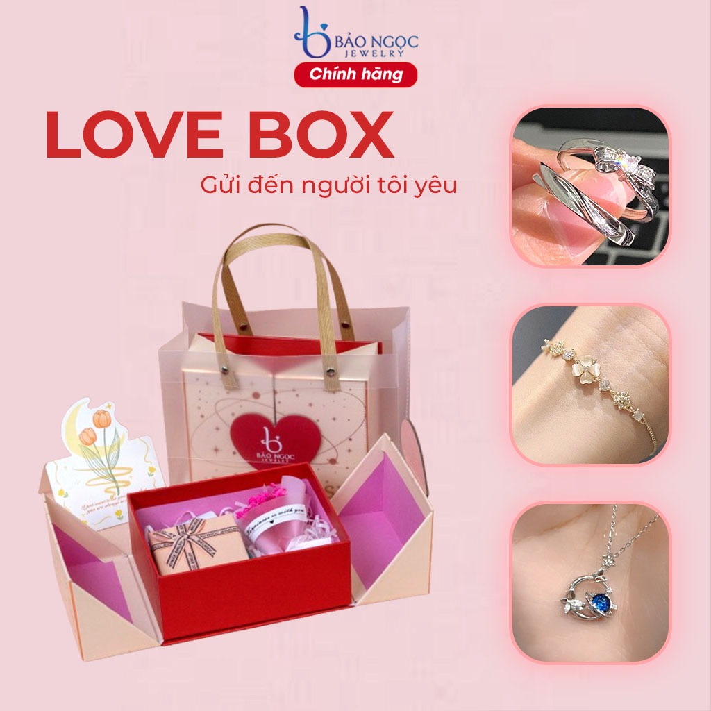 Set quà tặng LOVE BOX cho người yêu, bạn bè kèm trang sức bạc dây chuyền, lắc tay, nhẫn đôi