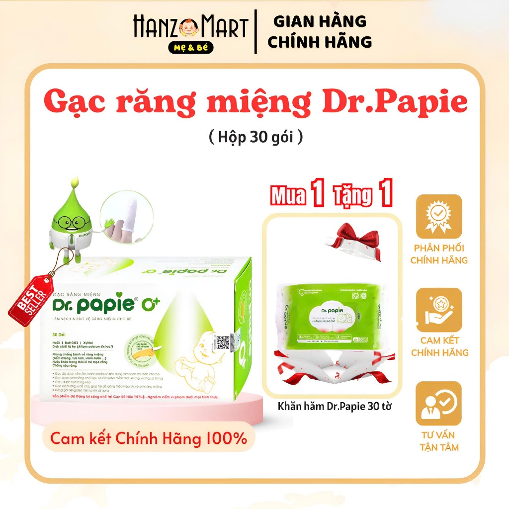 Gạc rơ lưỡi Dr Papie vệ sinh răng miệng / Rơ lưỡi Dr Papie cho bé (30 gói)