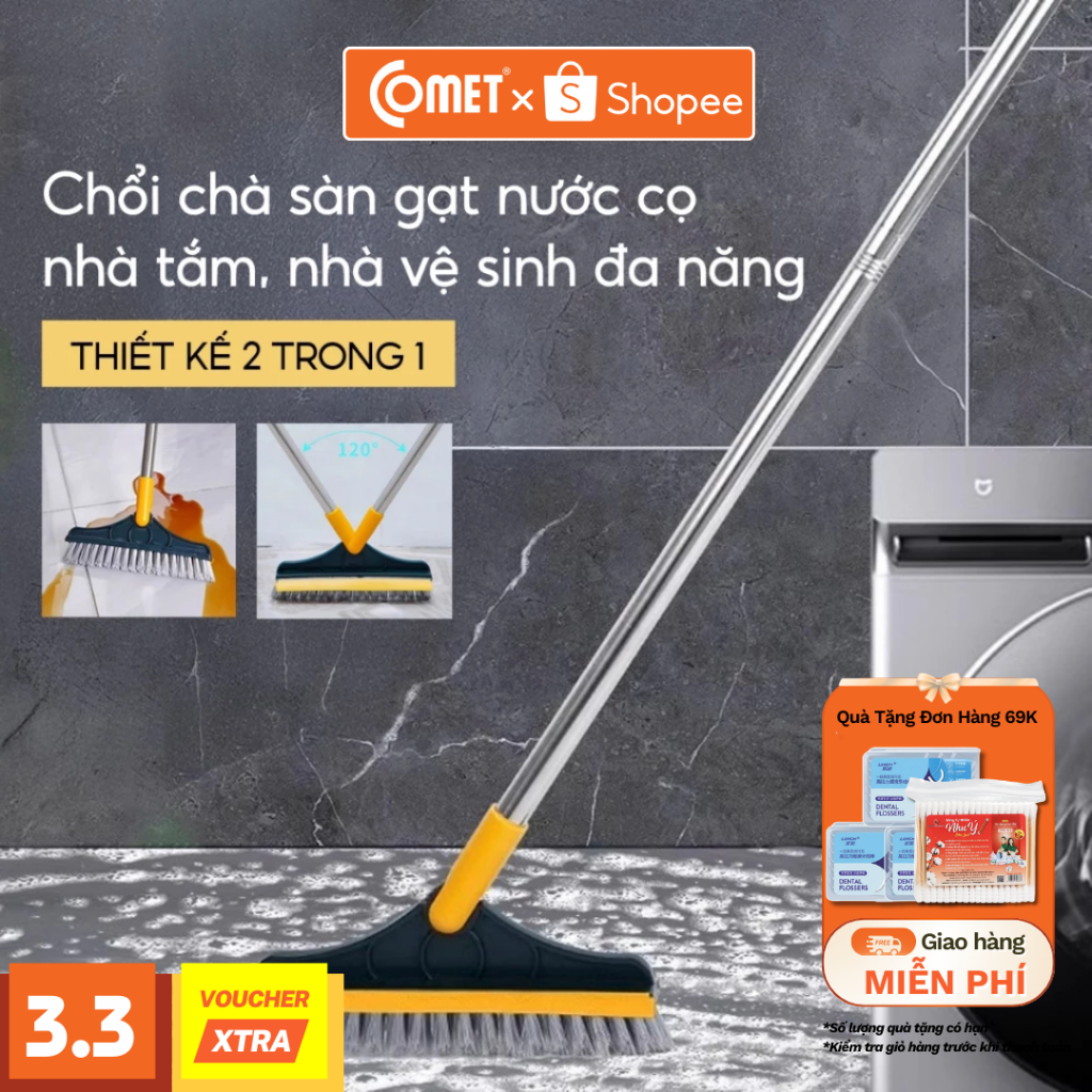 Chổi Chà Sàn Nhà Tắm 2in1 COMET - Cây Gạt Nước Nhà Tắm Thông Minh Vệ Sinh Nhà Cửa Xoay 120 Độ