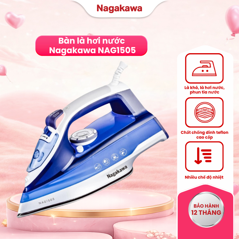 Bàn là hơi nước Nagakawa NAG1505, công suất 1200W, cảm biến nhiệt đóng ngắt, bảo hành 12 tháng