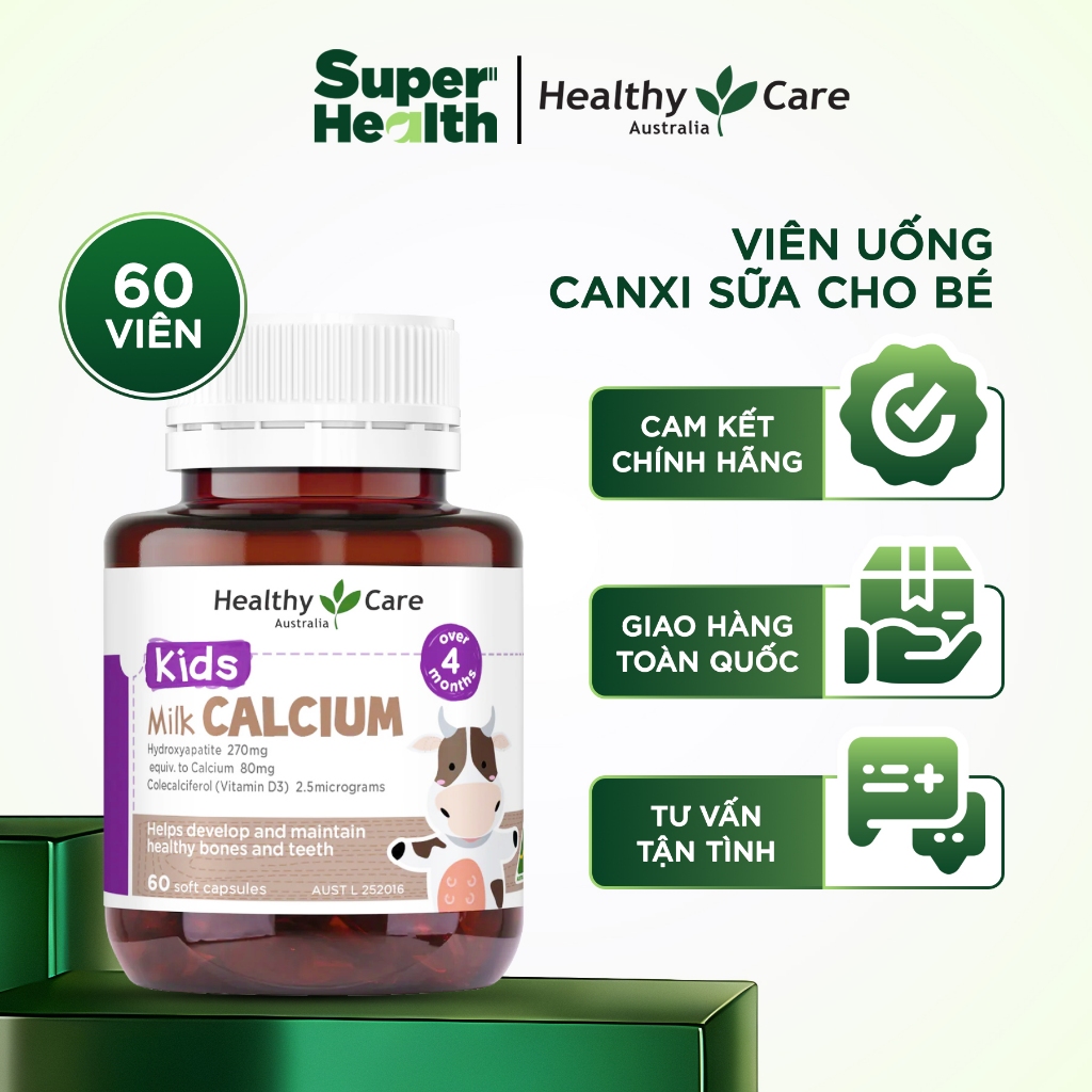 Viên Uống Canxi Sữa Cho Bé Healthy Care Kids Milk Calcium 60 Viên – Bổ Sung Canxi & D3