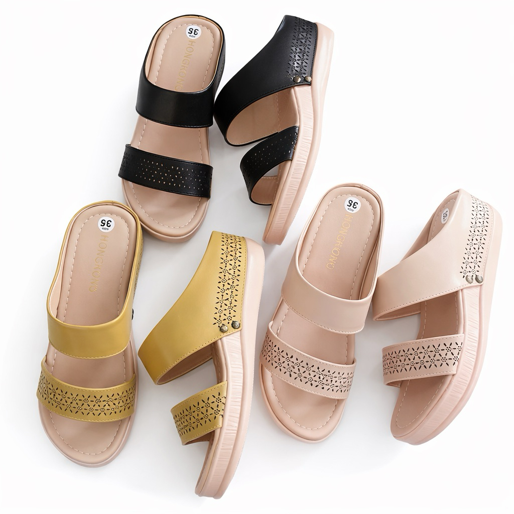 dép đế xuồng chất liệu PU siêu nhẹ êm chân nữ trung niên hai quai ngang họa tiết đục laze chuẩn size