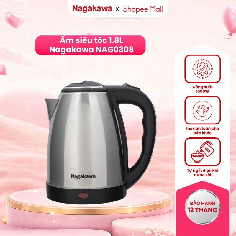 Ấm Siêu Tốc NAGAKAWA NAG0308 1.8l (1.8 Lít)  Bảo Hành 12 Tháng