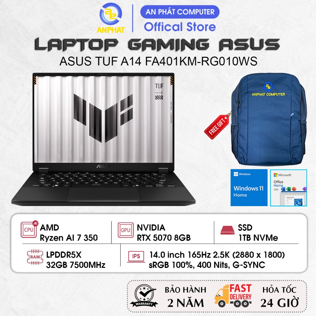Laptop Gaming ASUS TUF A14 FA401KM-RG010WS, Ryzen AI 7 350, RTX 5060 8GB, 32GB RAM, 1TB SSD, 14.0 QH