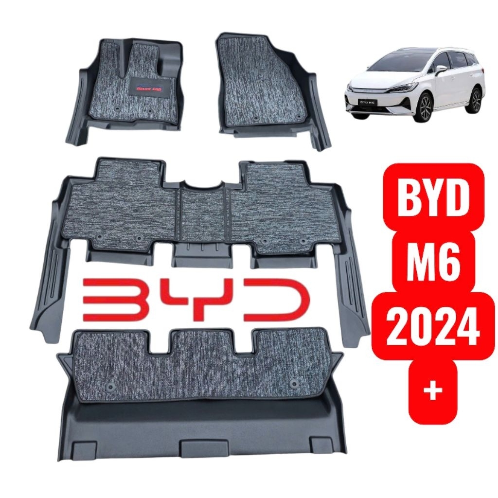 BYD M6: Thảm sàn MAXXCAR nhựa TPE NGUYÊN SINH đúc 5D tràn viền cho xe điện BYD M6 2024 + Bộ Rối xám.