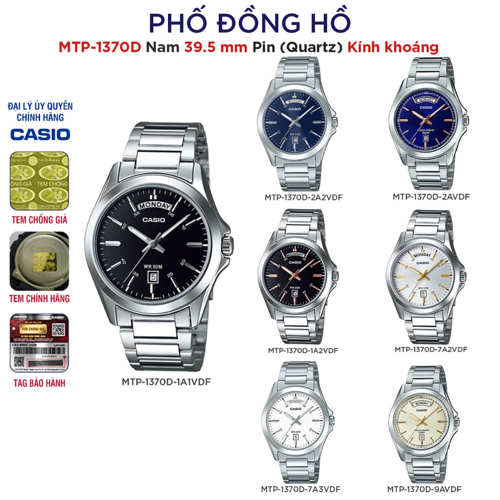 Đồng hồ Casio MTP-1370D-1A1VDF Nam 40mm Dây Thép Không Gỉ Chống Nước 5ATM